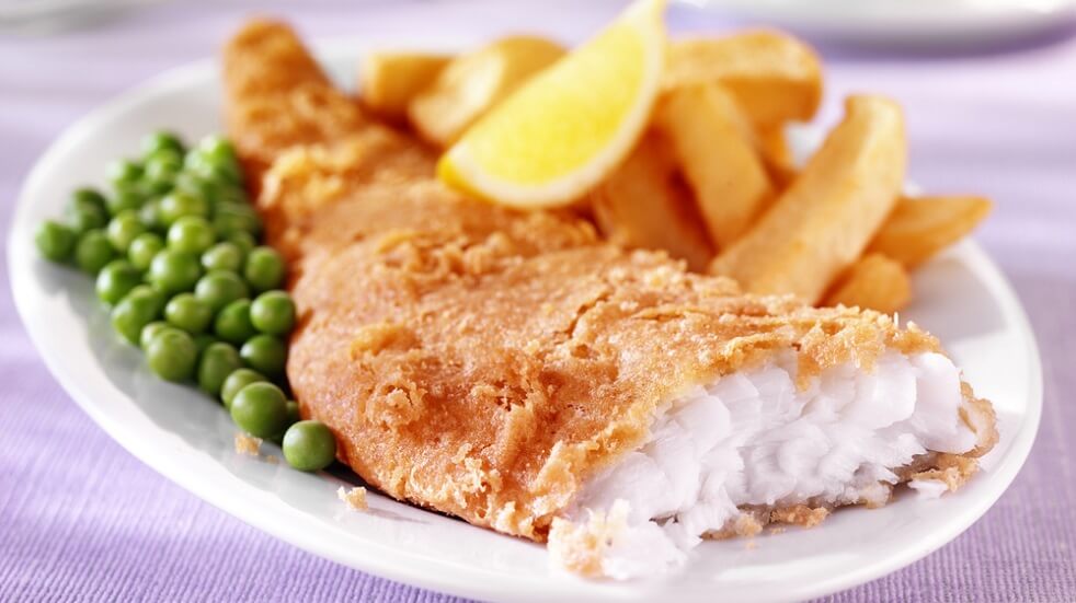 Fish and chips and peas